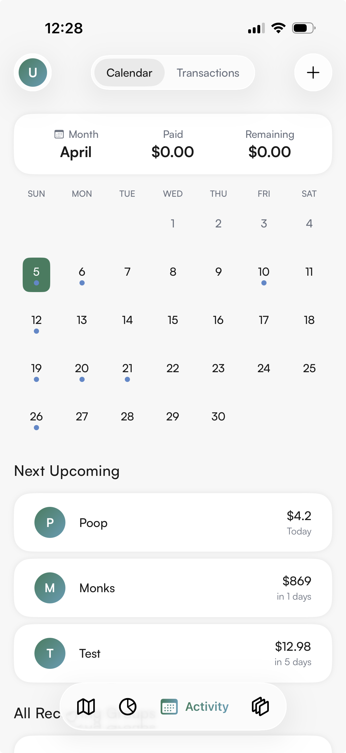 Calendar view showing upcoming bills