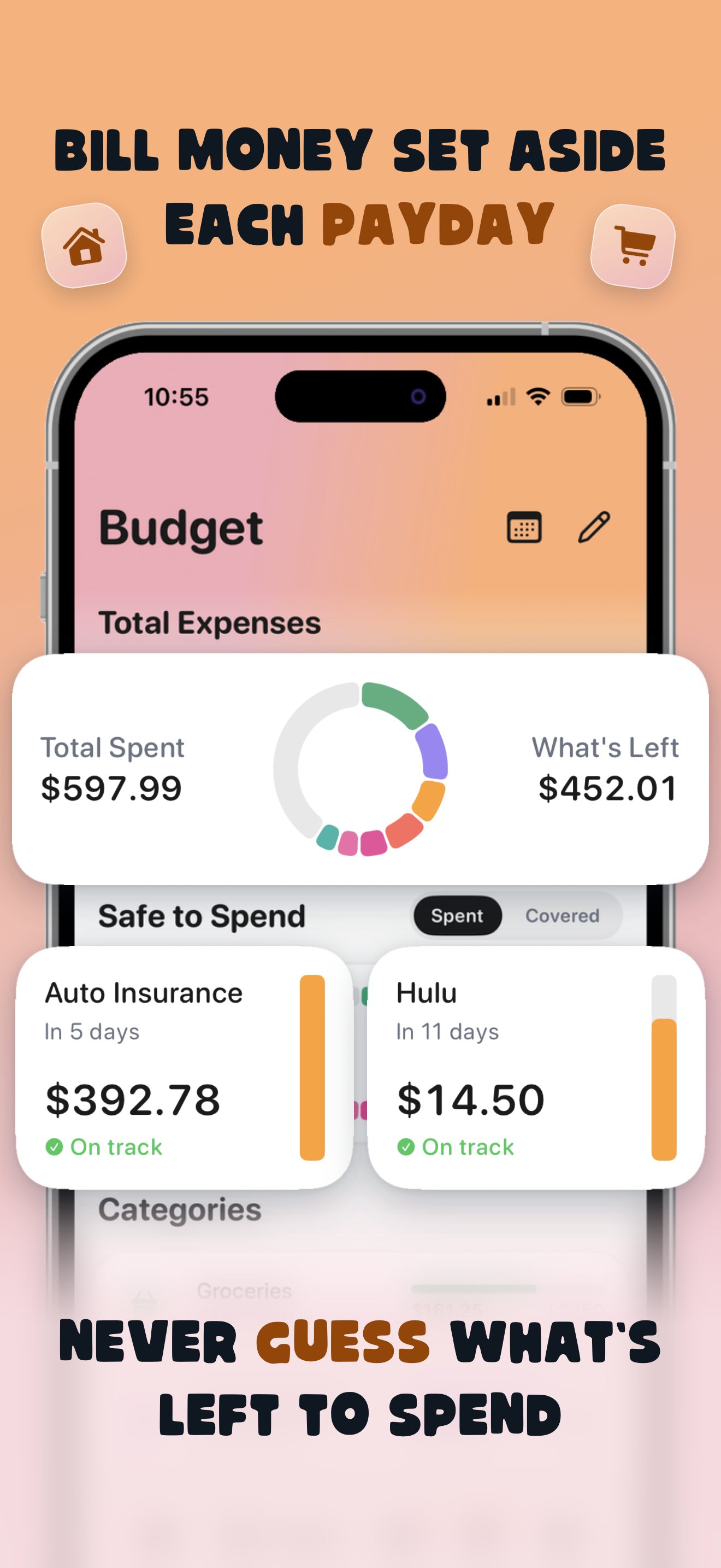 Bill money set aside each payday — the Almie Budget screen with total spent, what's left, and reserves for Auto Insurance and Hulu both on track