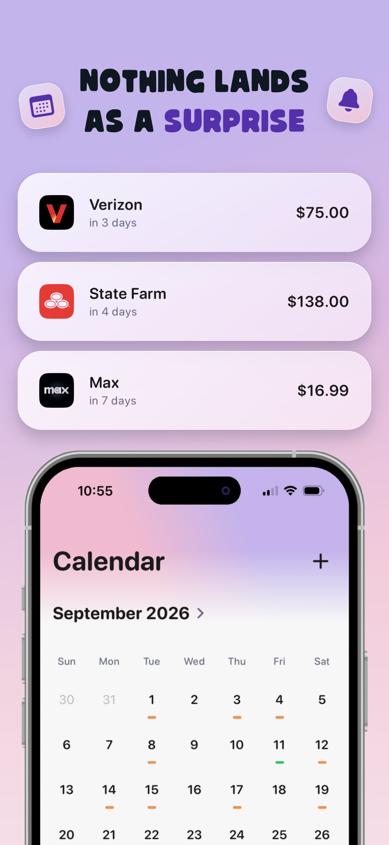 Nothing lands as a surprise — the Almie Calendar for September 2026 with upcoming Verizon, State Farm and Max charges above the month view