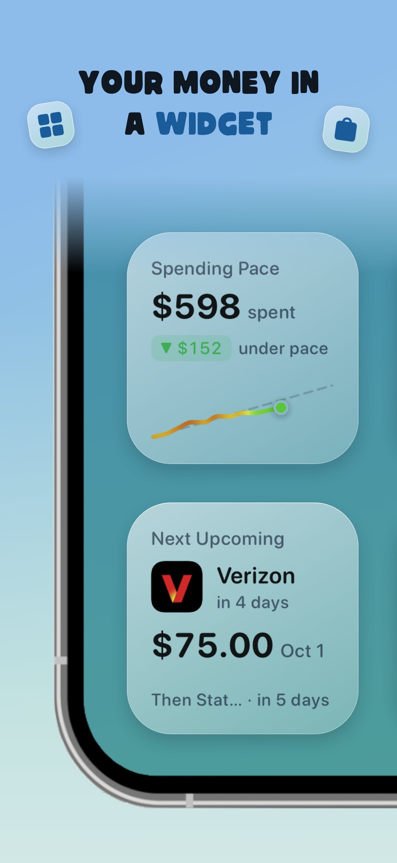 Your money in a widget — Almie Home Screen widgets showing spending pace and the next upcoming bill without opening the app