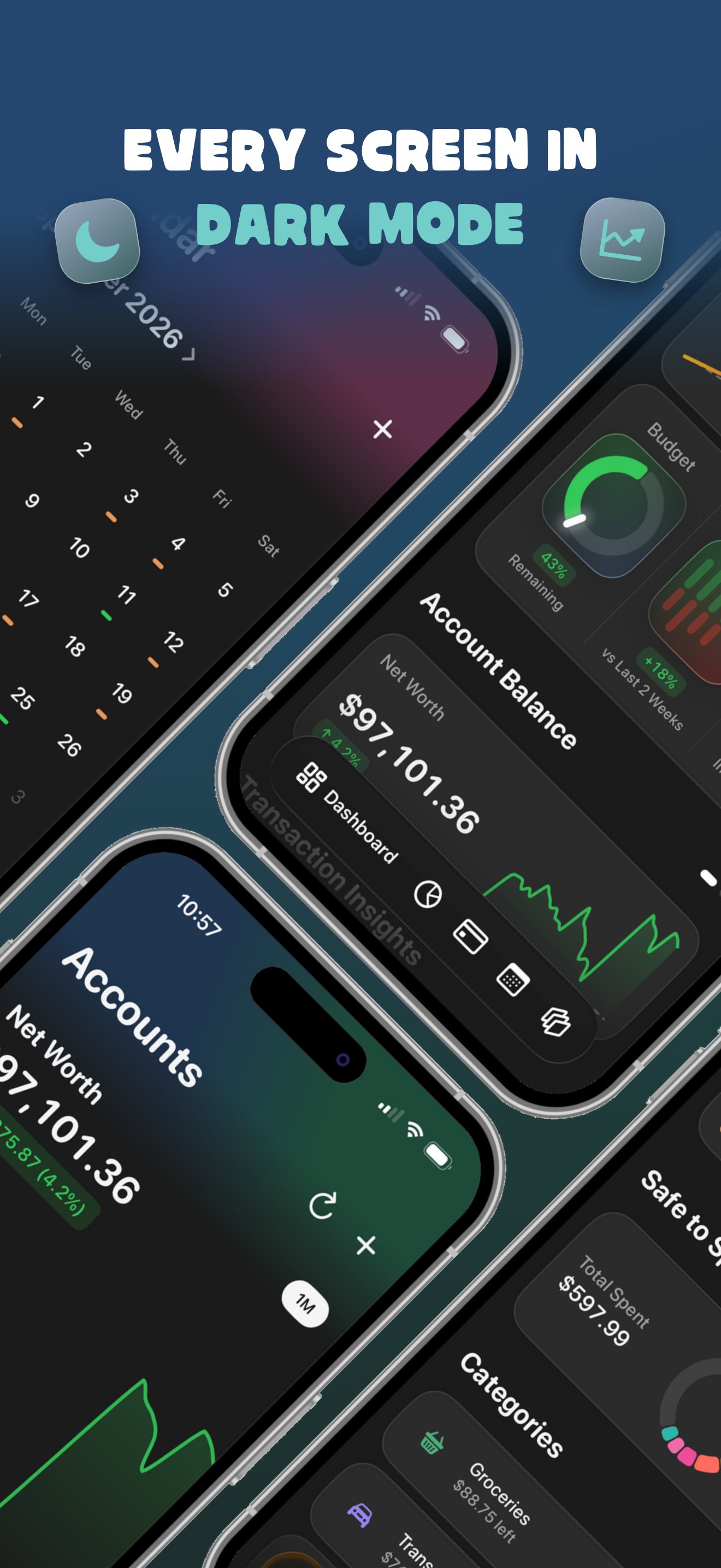 Every screen in dark mode — the Almie Calendar, Dashboard and Accounts screens in a full dark theme
