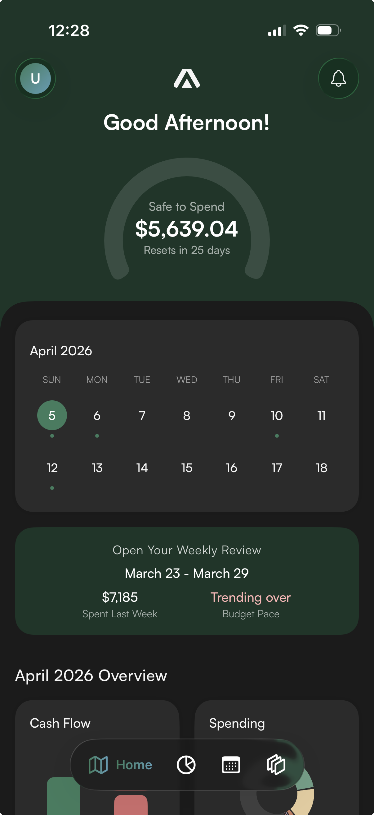 Almie home screen showing Safe to Spend amount